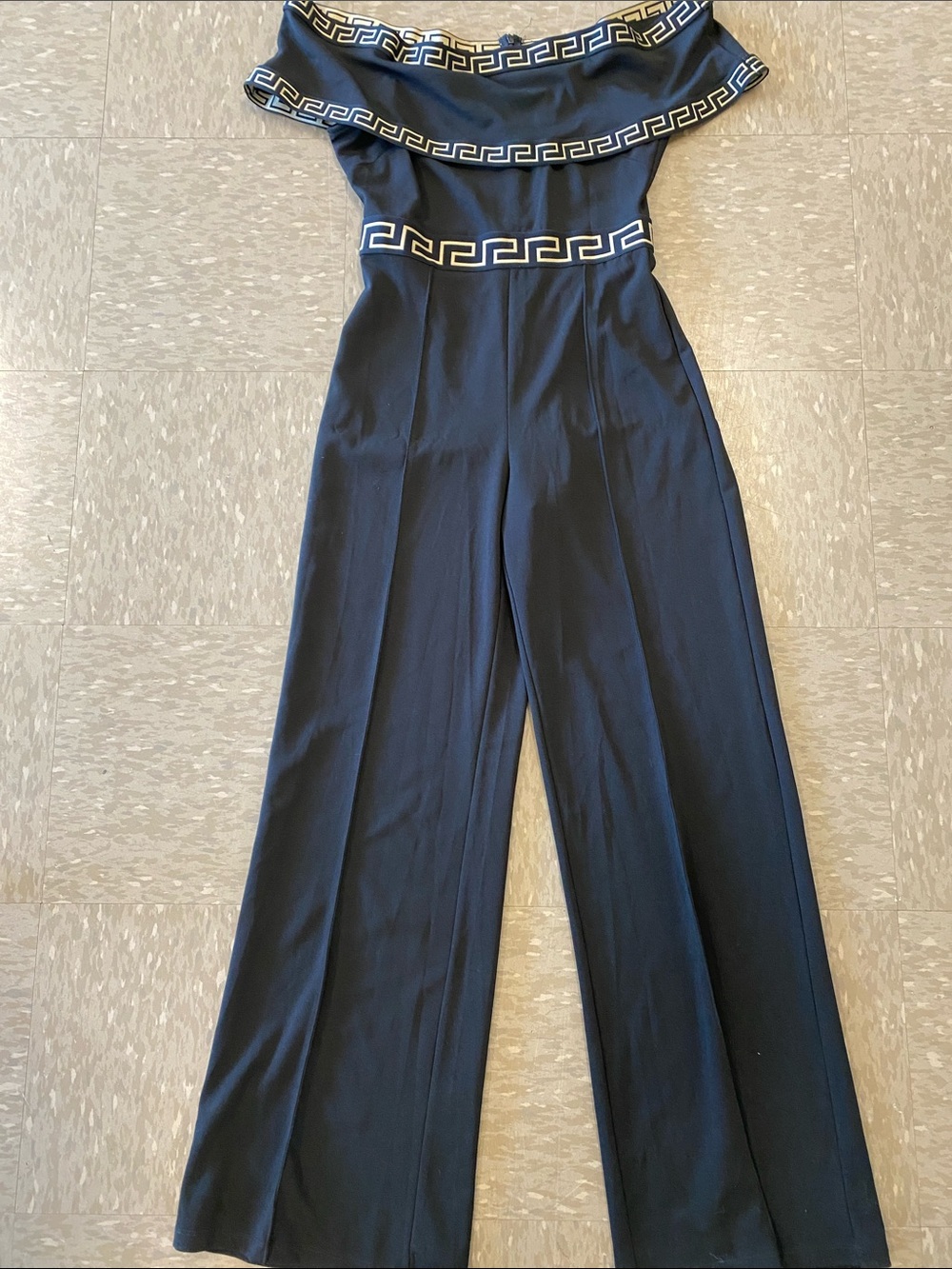 Valentine Off-Shoulder Black Jumpsuit   Geometric Trim